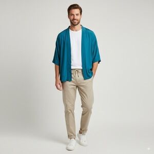 Tactics 100% Silk Kimono Shirt M Teal Open Front Lightweight Robe Style‎ Top